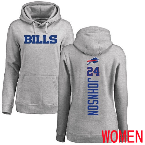 NFL Women Buffalo Bills 24 Taron Johnson Ash Backer Pullover Hoodie Sweatshirt